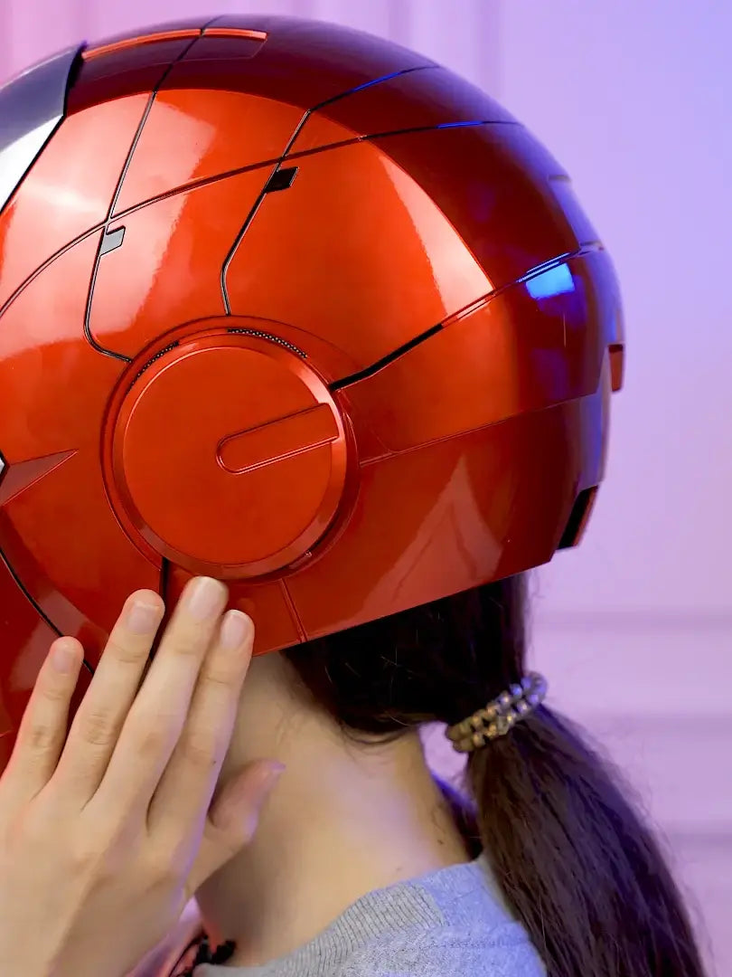 A wearable AutoKing Iron Man Helmet (Mk5) featuring voice-controlled opening face plates and glowing LED eyes for adult cosplay and display.
