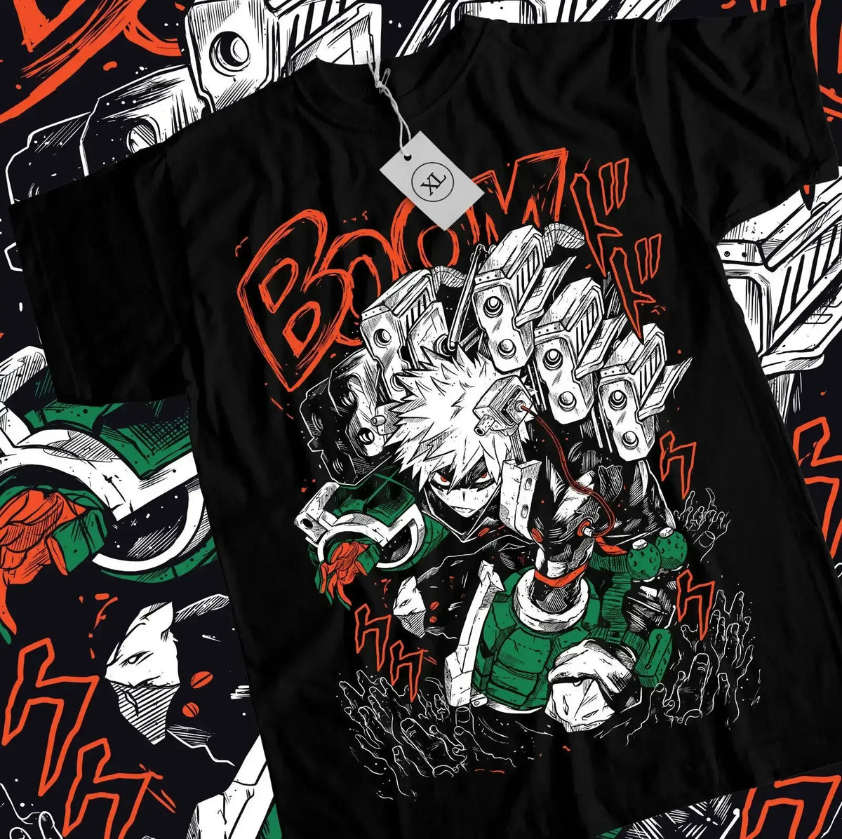 An oversized black Bakugou T-Shirt featuring a graphic print of Katsuki Bakugou and Izuku Midoriya, styled as women's Y2K streetwear.