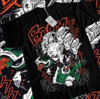 An oversized black Bakugou T-Shirt featuring a graphic print of Katsuki Bakugou and Izuku Midoriya, styled as women's Y2K streetwear.