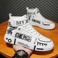 A pair of Anime One Piece Luffy High Top Shoes featuring Roronoa Zoro, designed as breathable, non-slip leisure sports sneakers for men and women.