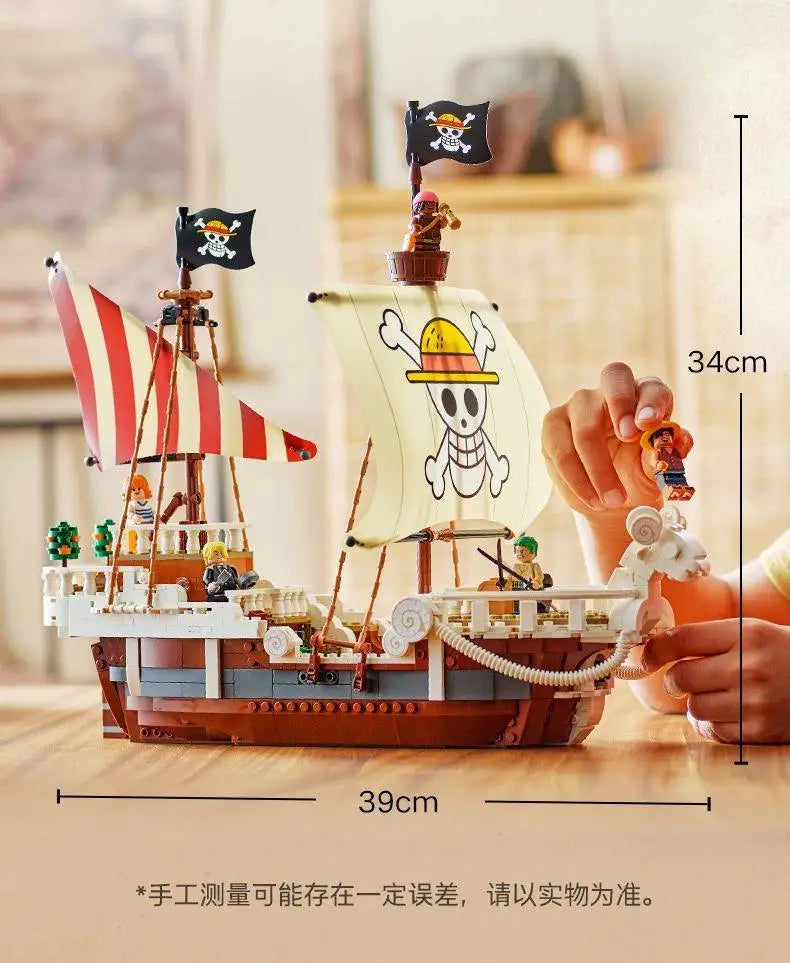 A detailed One Piece Going Merry Building Blocks set featuring the Straw Hat Pirate Ship, designed as an assembly model toy for children and collectors.