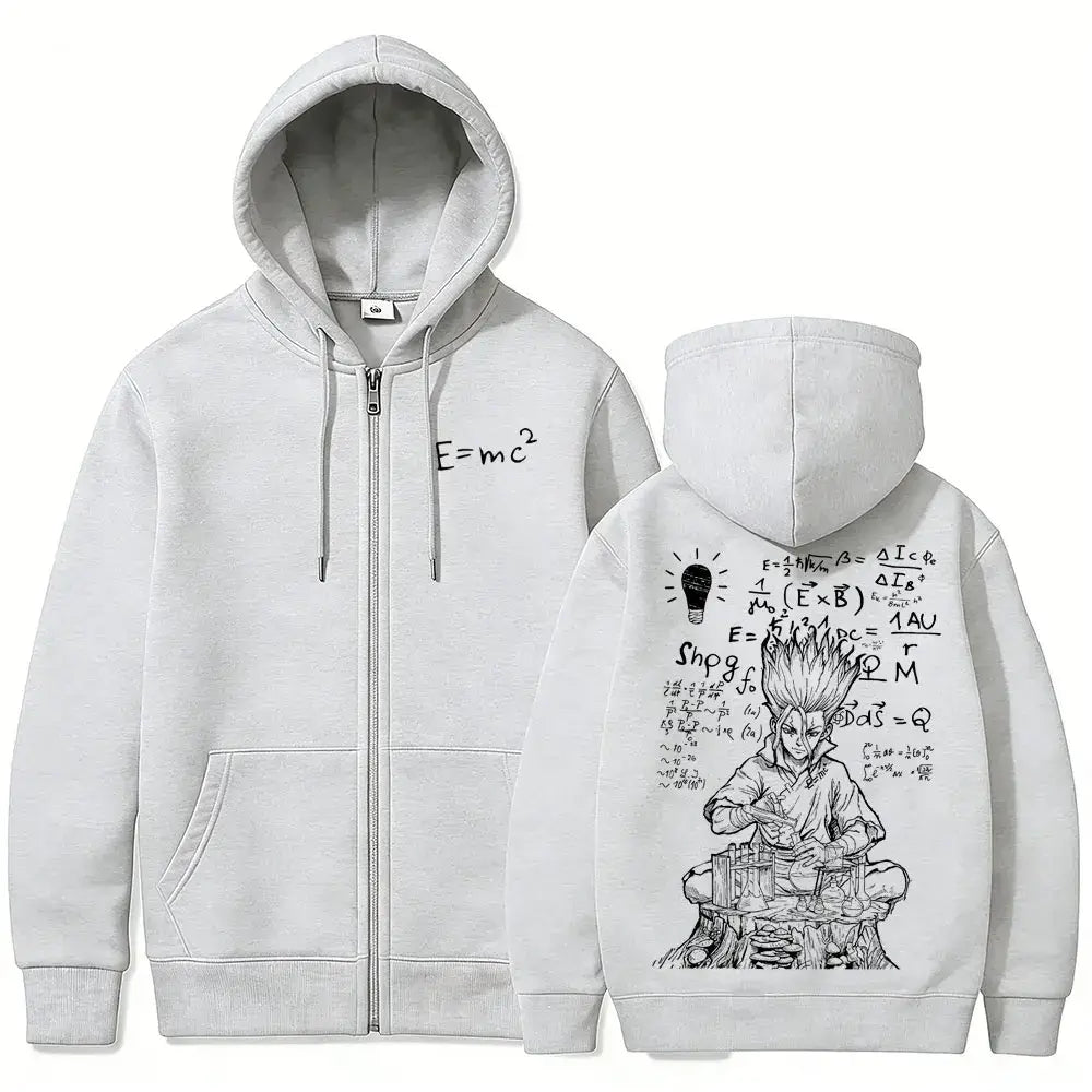 Senku Ishigami Dr. Stone Zip-Up Hoodie featuring fleece and scientific designs in navy blue