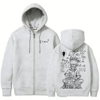Senku Ishigami Dr. Stone Zip-Up Hoodie featuring fleece and scientific designs in navy blue