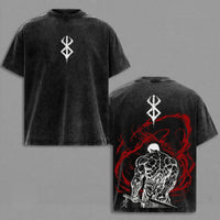 Guts Berserk T-Shirt vintage washed cotton graphic tee with oversized Y2K fit O-neck collar and short sleeves front view Front and back view of the Guts Berserk T-Shirt in black with vintage washed finish and graphic design.