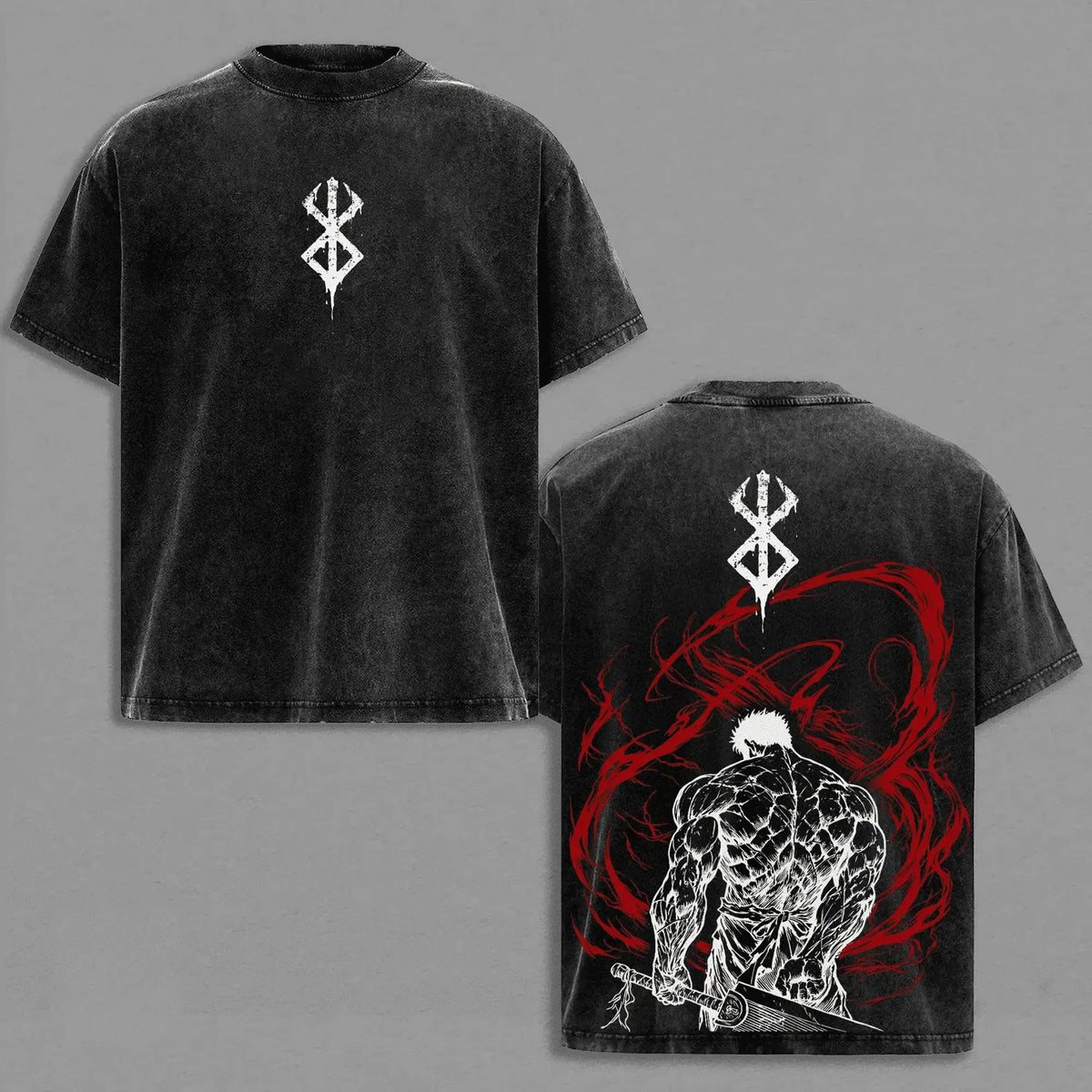 Guts Berserk T-Shirt vintage washed cotton graphic tee with oversized Y2K fit O-neck collar and short sleeves front view