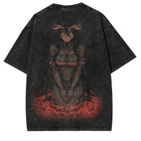 Albedo Overlord Vintage Washed Harajuku T-Shirt featuring devil illustration and oversized design in black wash.
