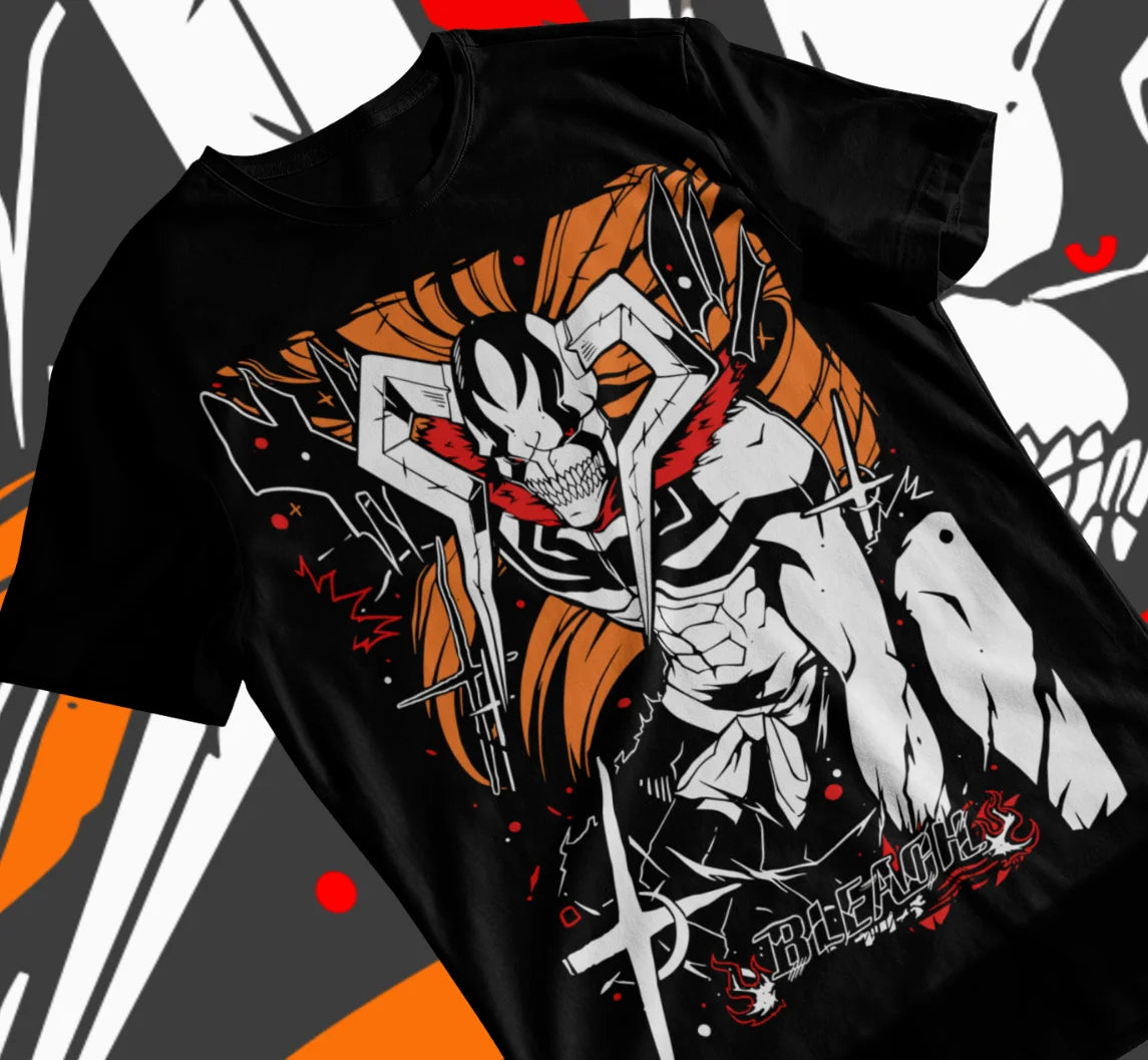 A premium Bleach Ichigo T-Shirt featuring a black and white manga strip graphic of Kurosaki Ichigo, designed as soft unisex anime streetwear.
