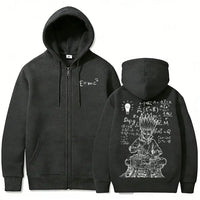 Senku Ishigami Dr. Stone Zip-Up Hoodie featuring fleece and scientific designs in navy blue