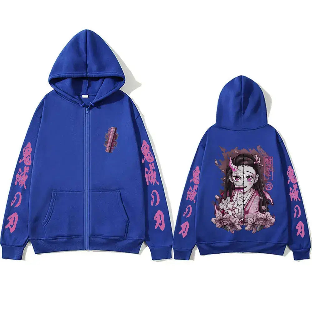 A casual oversized Anime Demon Slayer Kamado Nezuko Merch Zipper Hoodie jacket for men and women.