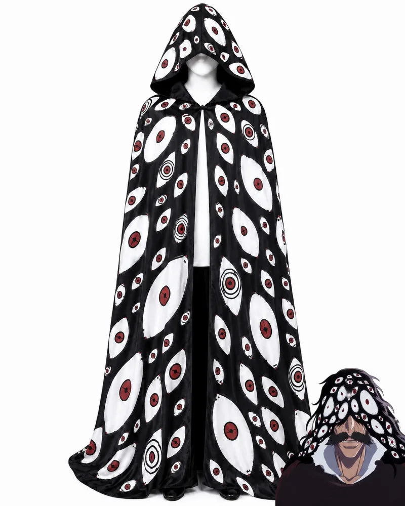 Yhwach BLEACH TYBW Cosplay Cloak featuring a unique design with a hood and eye patterns, perfect for cosplay events.