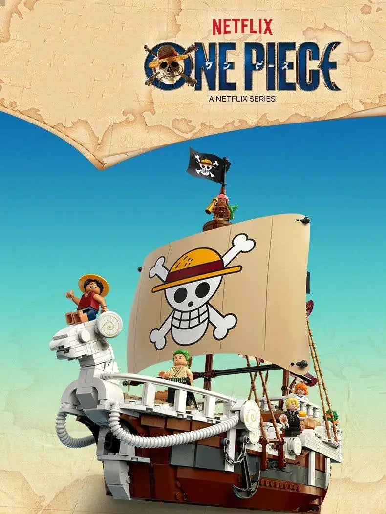 One Piece Going Merry Building Blocks pirate ship assembly toy with characters from Netflix series.
