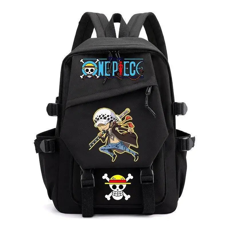 A lightweight canvas One Piece Backpack featuring kawaii anime characters, suitable for school, travel, and carrying a laptop computer.