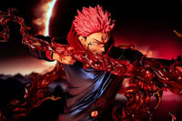 A highly detailed Ryomen Sukuna Figure made of premium PVC, showcasing the Jujutsu Kaisen King of Curses in an extreme battle stance for desktop decoration.