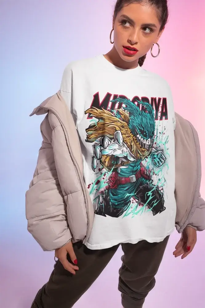 An oversized Deku T-Shirt featuring colorful anime graphic art of Midoriya, Bakugo, and Shoto styled for women's streetwear.