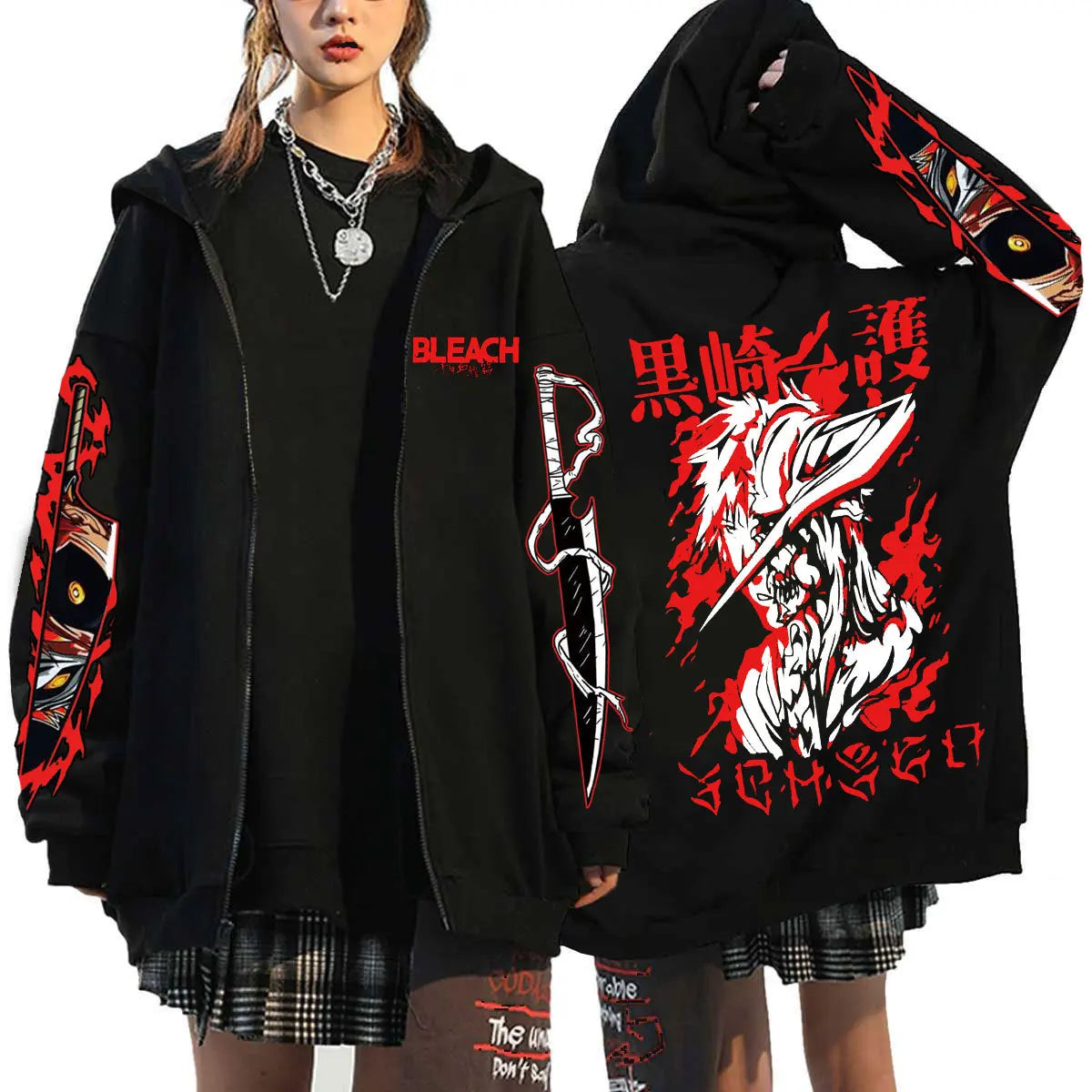 A unisex Bleach Zip Up Hoodie featuring 3D cosplay prints of Kurosaki Ichigo, Kyoraku Shunsui, and Hitsugaya Toshiro for anime fans.