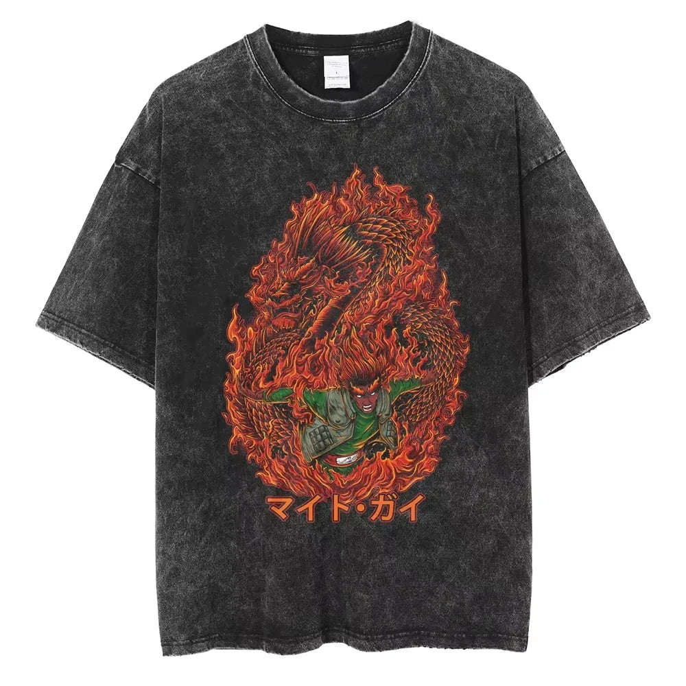 A washed black Naruto Vintage T-Shirt featuring a hip hop style anime print, designed as Harajuku streetwear for men and women.