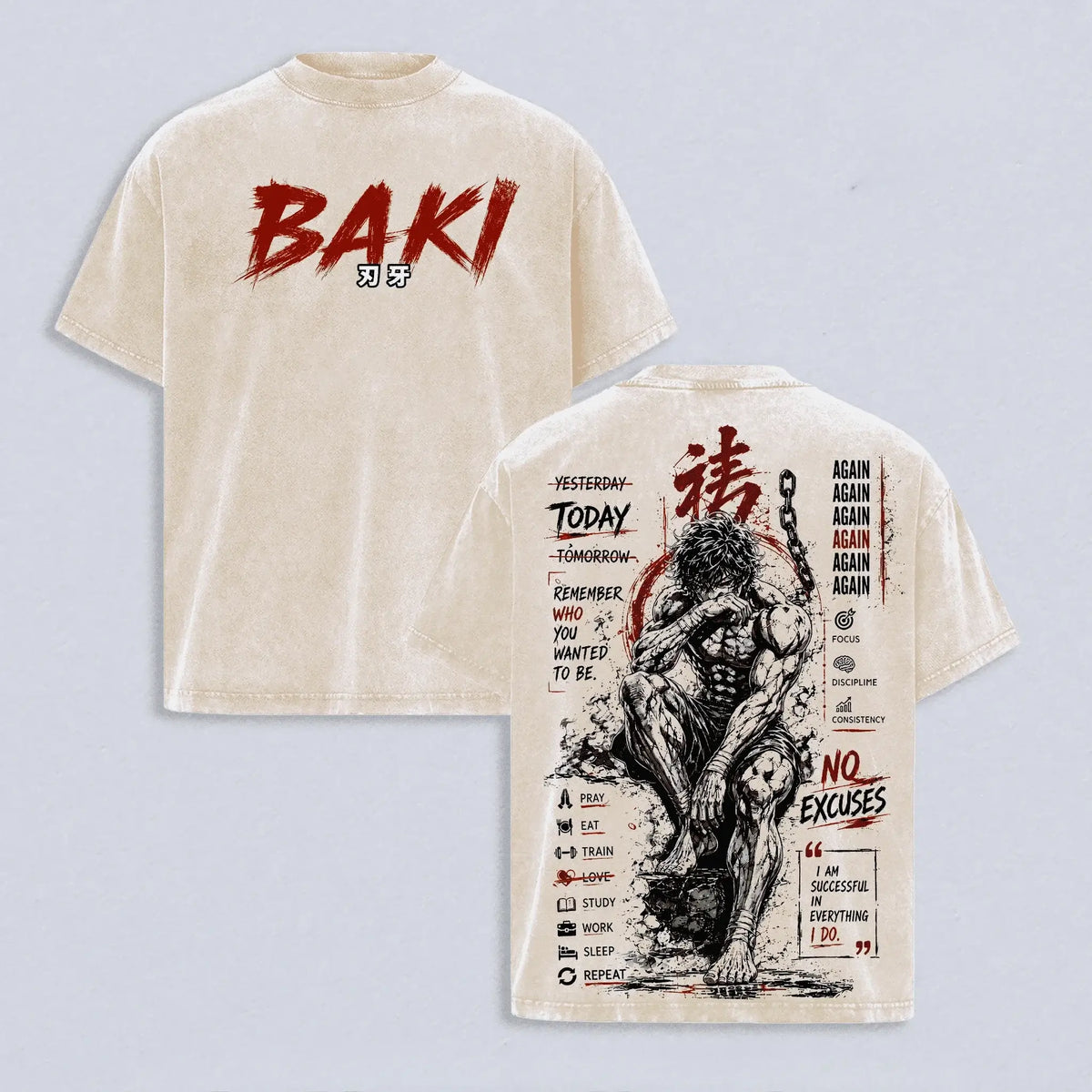 Baki Anime Vintage Washed Oversized T-Shirt featuring unique graphic design and soft cotton fabric.