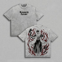 Zaraki Kenpachi Bleach Vintage Washed T-Shirt featuring front and back designs with anime character and flames.
