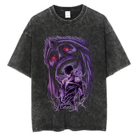 A trendy Solo Leveling Vintage T-shirt featuring a Sung Jinwoo graphic print, designed with a retro washed cotton finish for Harajuku streetwear.