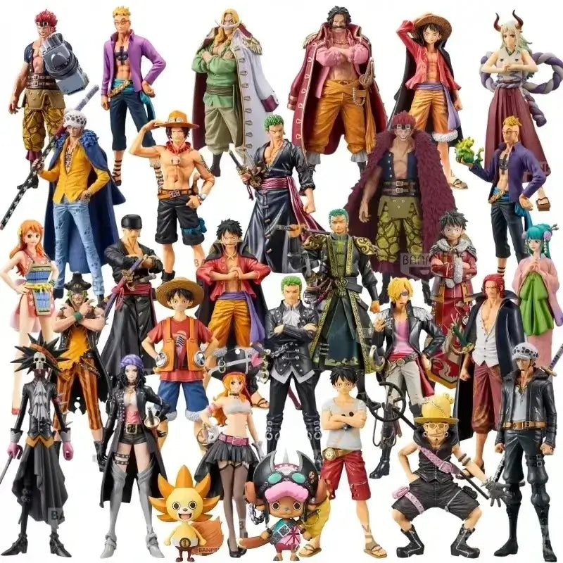 A colorful One Piece Mystery Box packaging containing a random anime action figure surprise, featuring silhouettes of Luffy and Zoro.