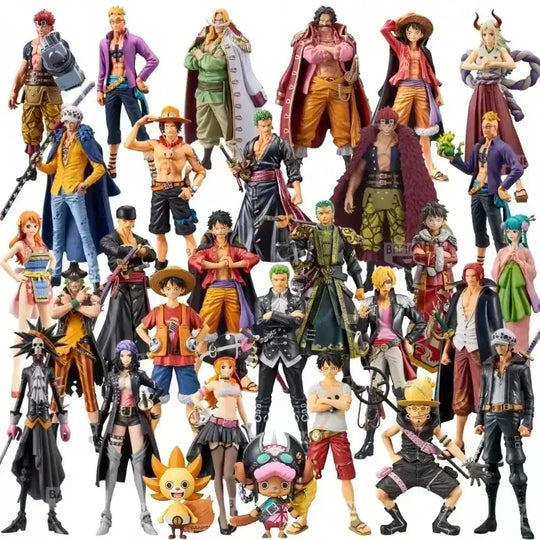 A colorful One Piece Mystery Box packaging containing a random anime action figure surprise, featuring silhouettes of Luffy and Zoro.