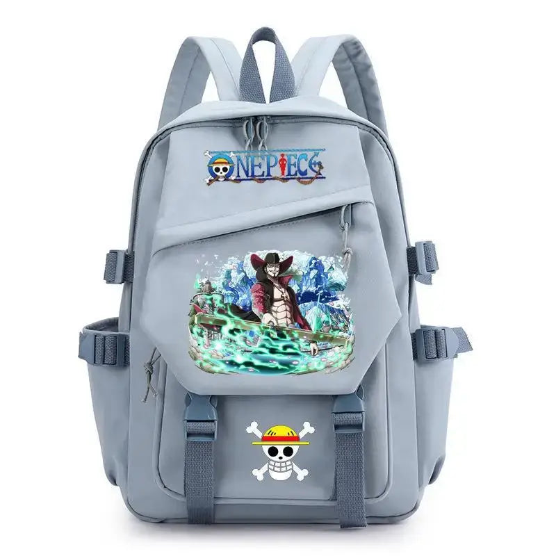 A lightweight canvas One Piece Backpack featuring kawaii anime characters, suitable for school, travel, and carrying a laptop computer.