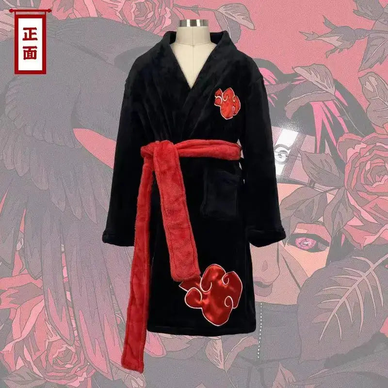 A thick flannel Naruto Akatsuki Robe featuring red clouds and Uchiha Itachi anime styling, designed as a thermal winter bathgown for young adults.