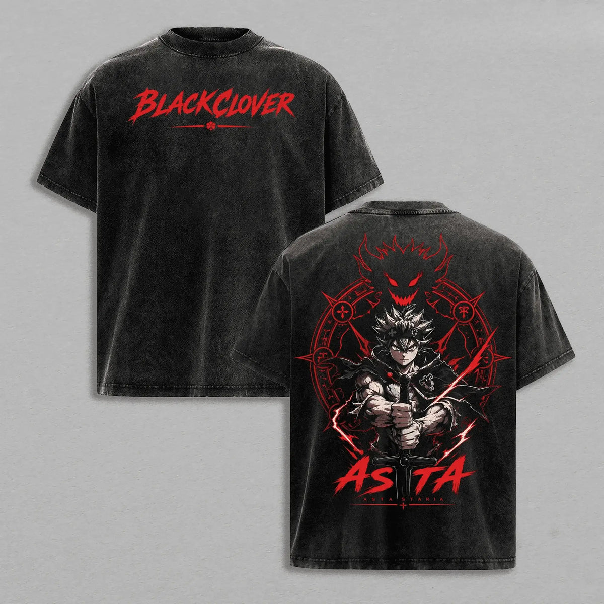 Asta Black Clover Vintage Washed Oversized T-Shirt featuring Asta graphic on back and Black Clover logo on front.
