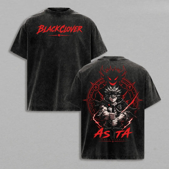 Asta Black Clover Vintage Washed Oversized T-Shirt featuring Asta graphic on back and Black Clover logo on front.