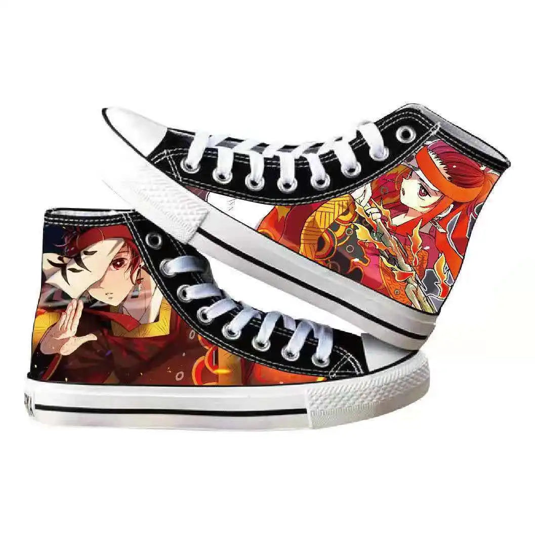 High-top Demon Slayer Canvas Shoes featuring Tanjiro Kamado and Jibaku Shounen Hanako-kun anime prints for casual fashion.