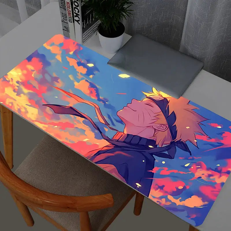A high-quality Naruto Uzumaki Mouse Pad featuring dynamic anime artwork, rolling out on a Gabinete Gamer desk with a Varmilo keyboard and PC mouse.