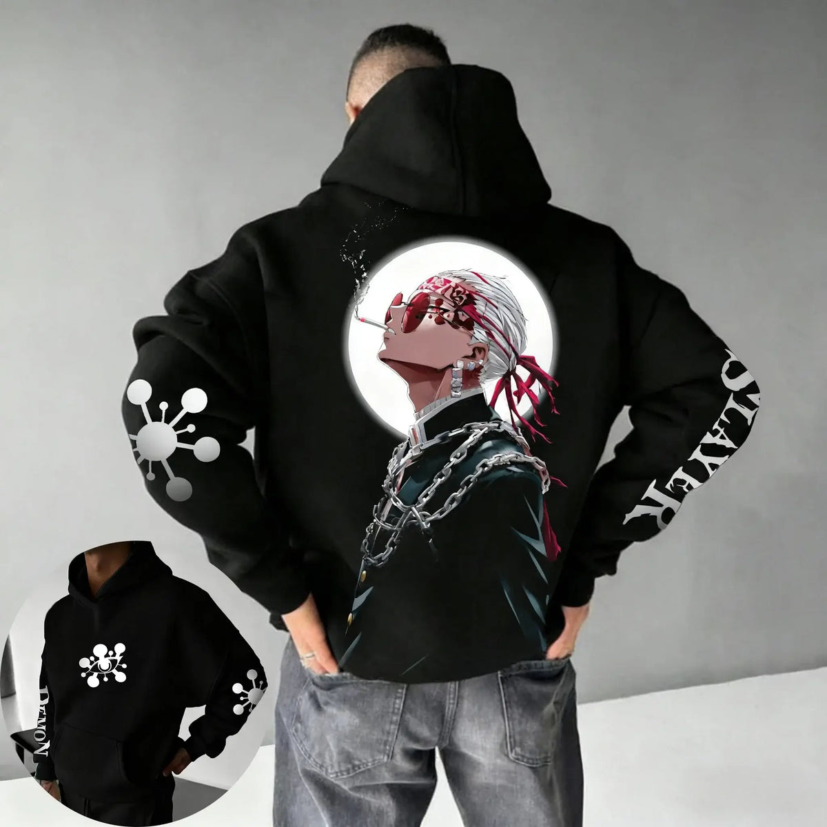 Demon Slayer Parent-Child Cotton Hoodie featuring oversized fit and vibrant anime design on back.