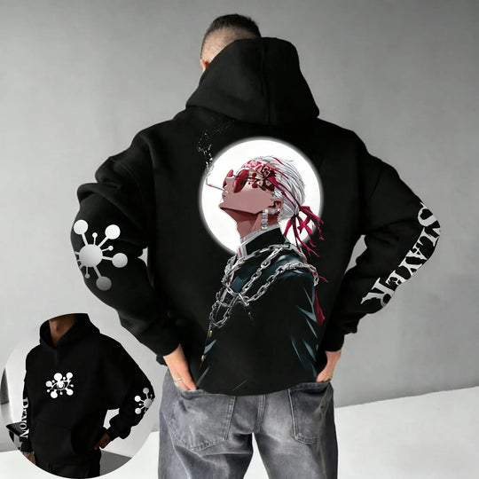 Demon Slayer Parent-Child Cotton Hoodie featuring oversized fit and vibrant anime design on back.