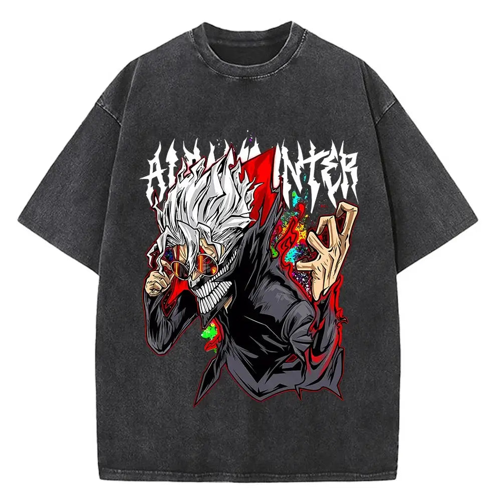 A high-quality cotton men's Dandadan Okarun T-shirt with a Japanese anime cartoon print and aesthetic fashion design.