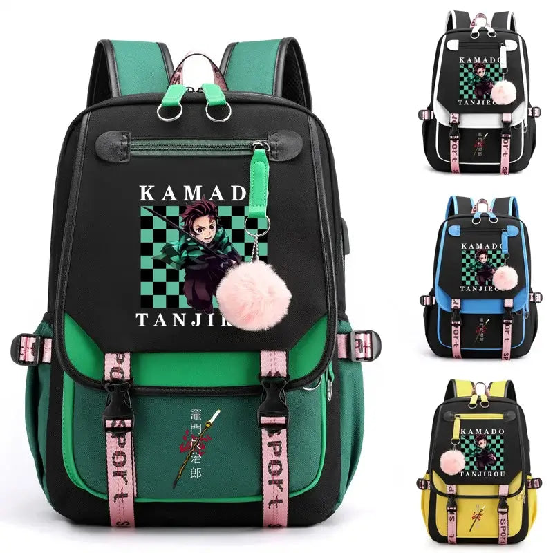 A durable Kamado Tanjirou Backpack featuring the green checkered pattern, large capacity storage, and high-quality zippers for teenagers.