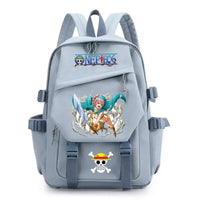 A lightweight canvas One Piece Backpack featuring kawaii anime characters, suitable for school, travel, and carrying a laptop computer.