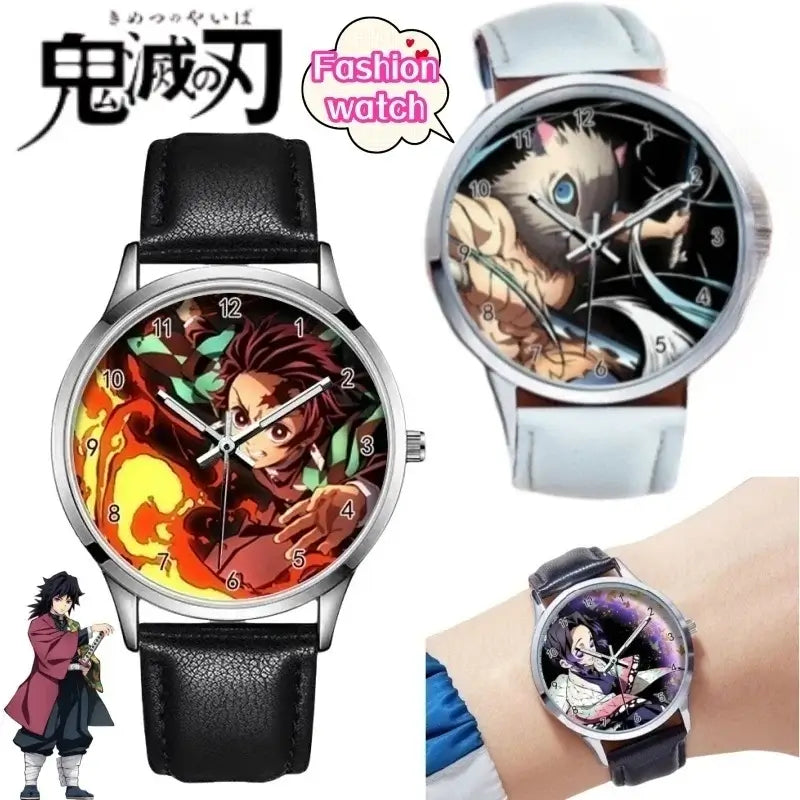 A stylish Demon Slayer Watch featuring two-dimensional anime art of Rengoku Kyoujurou and Tokitou Muichirou, designed as a trendy business wristwatch.