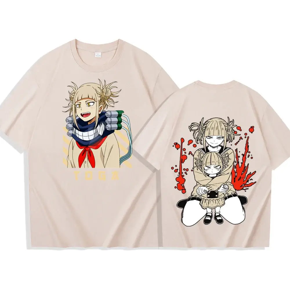 A trendy 2026 Himiko Toga T-Shirt featuring a graphic anime print of the My Hero Academia villain, designed as a casual summer top for men and women.