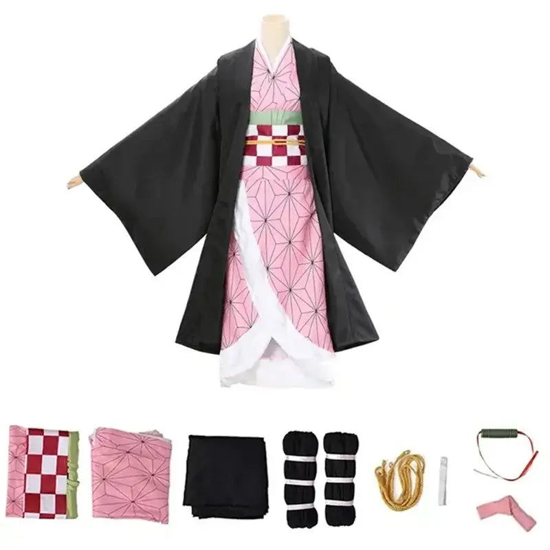 Kids wearing New Demon Slayer Cosplay costumes featuring Tanjiro Kamado, Nezuko, and Shinobu Kocho for Halloween and Christmas gifts.