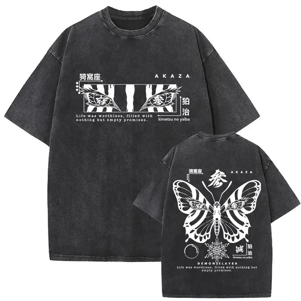 A vintage-style washed Akaza Koyuki T-shirt featuring a romantic manga graphic of Hakuji and Koyuki, oversized cotton streetwear.