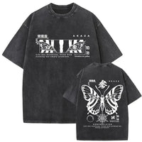 A vintage-style washed Akaza Koyuki T-shirt featuring a romantic manga graphic of Hakuji and Koyuki, oversized cotton streetwear.