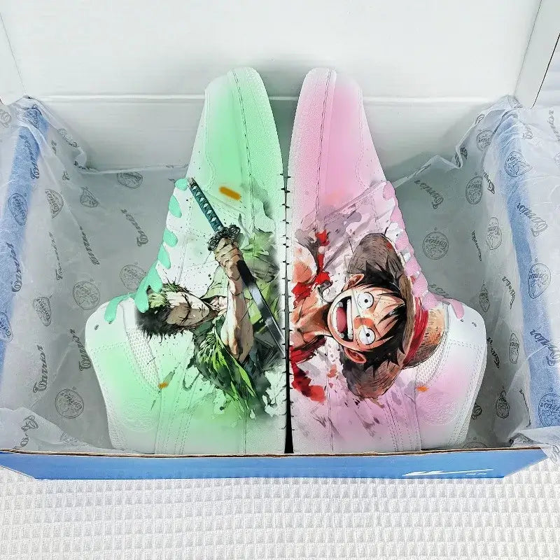 Trendy Roronoa Zoro Shoes featuring a green two-dimensional anime design, lightweight low-top sneakers for boys and men.