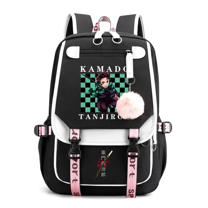 A durable Kamado Tanjirou Backpack featuring the green checkered pattern, large capacity storage, and high-quality zippers for teenagers.
