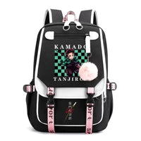 A durable Kamado Tanjirou Backpack featuring the green checkered pattern, large capacity storage, and high-quality zippers for teenagers.