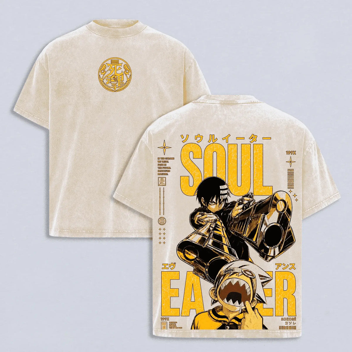 Death the Kid Soul Eater Manga Washed T-Shirt featuring front logo and back graphic design of Death the Kid and Soul Eater.