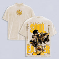 Death the Kid Soul Eater Manga Washed T-Shirt featuring front logo and back graphic design of Death the Kid and Soul Eater.