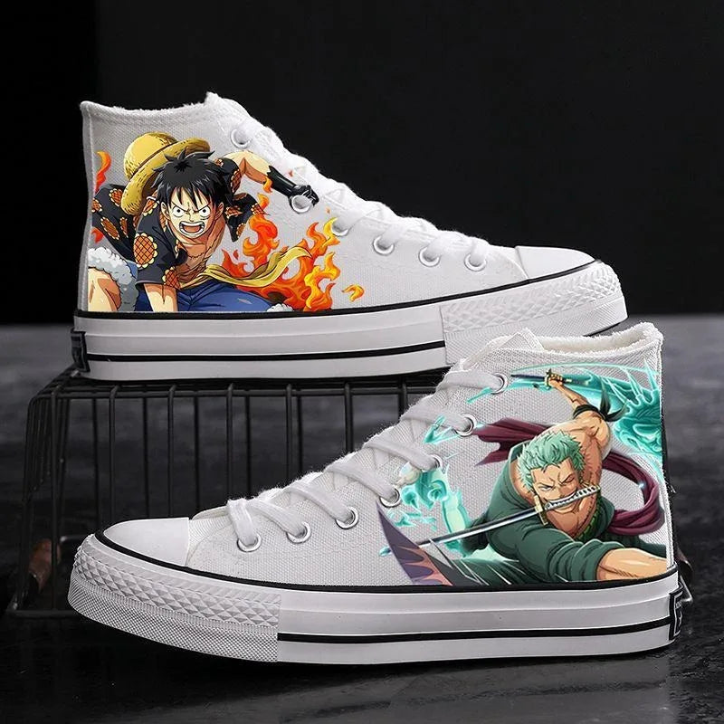 Trendy One Piece Canvas Shoes featuring colorful graffiti art of Luffy, Zoro, and Portgas D. Ace for casual men's and women's fashion.