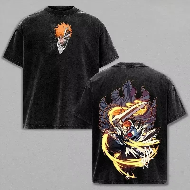 Bleach T-Shirt Vintage Washed Anime Streetwear oversized nylon-cotton blend Y2K hip-hop Bleach anime graphic washed finish applique unisex S to XXXL front view