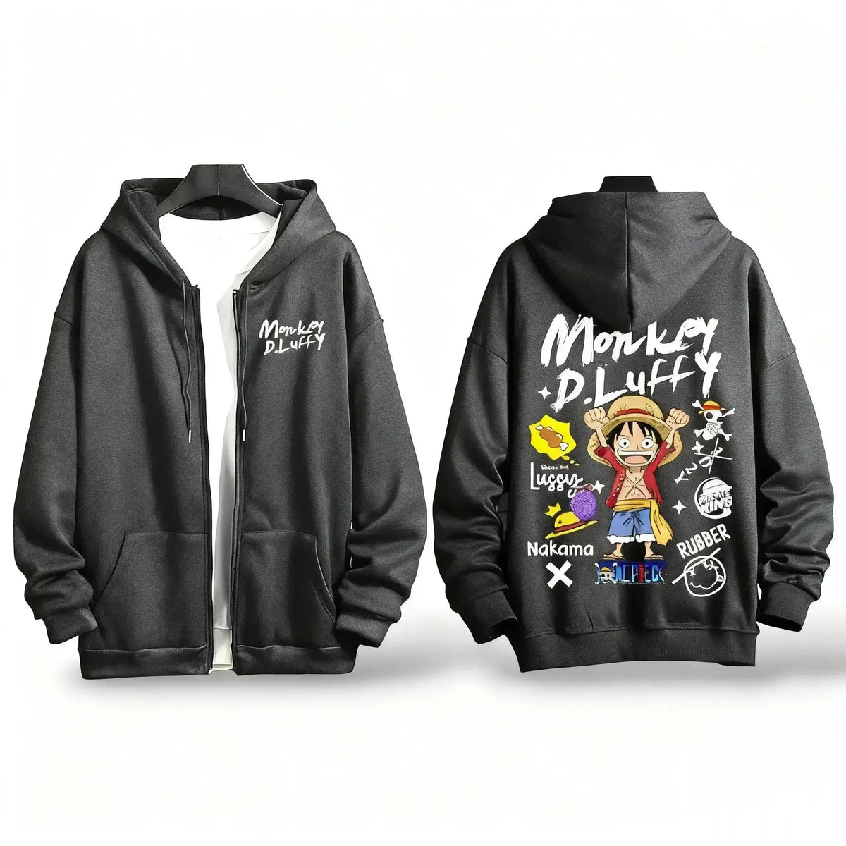 A loose casual One Piece Luffy Anime Hooded Jacket with a graphic print, suitable as a streetwear fashion coat for men and women.