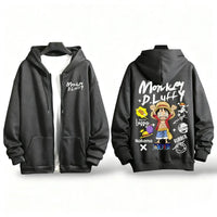 A loose casual One Piece Luffy Anime Hooded Jacket with a graphic print, suitable as a streetwear fashion coat for men and women.